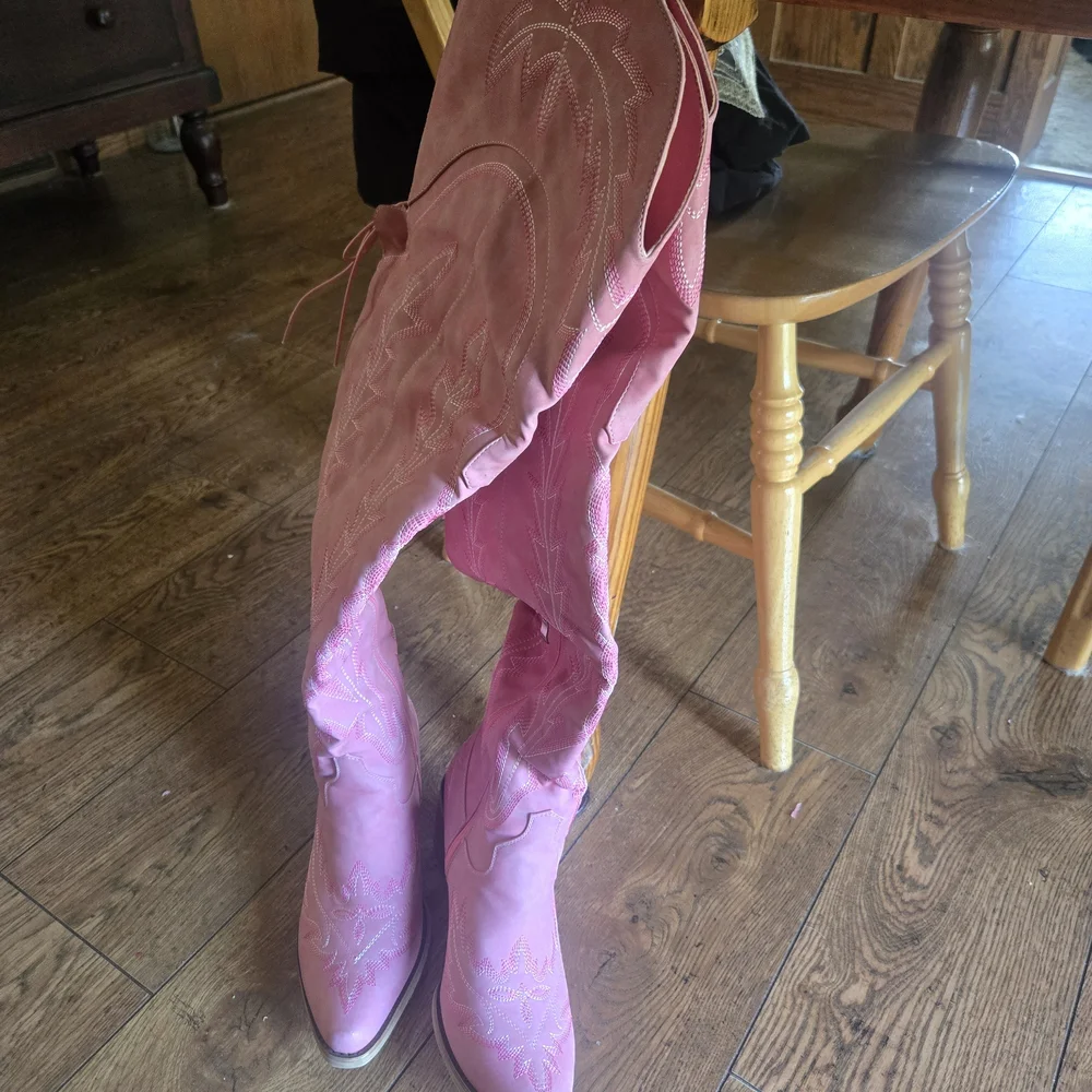Very Cool Thigh High, Pink Embroidered Western Boots - Picture 1 of 8